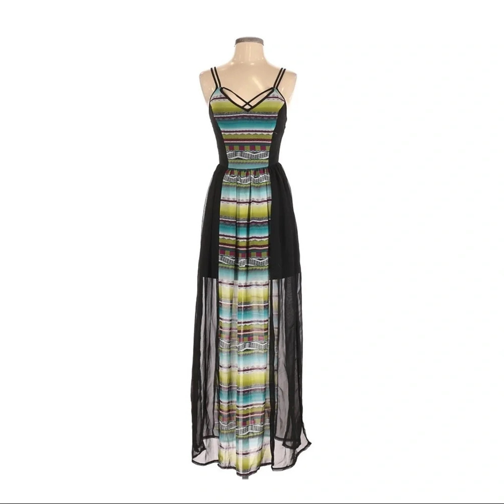 Sans Souci Black Maxi Dress with Multicolor Striped Front